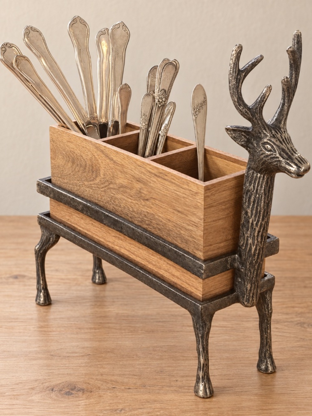 Standing Stag Flatware Caddy with 14 Pc Vintage Silverplate Lot